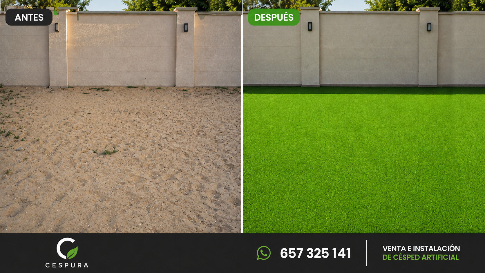 Antes y después de la instalación de césped artificial sobre tierra
